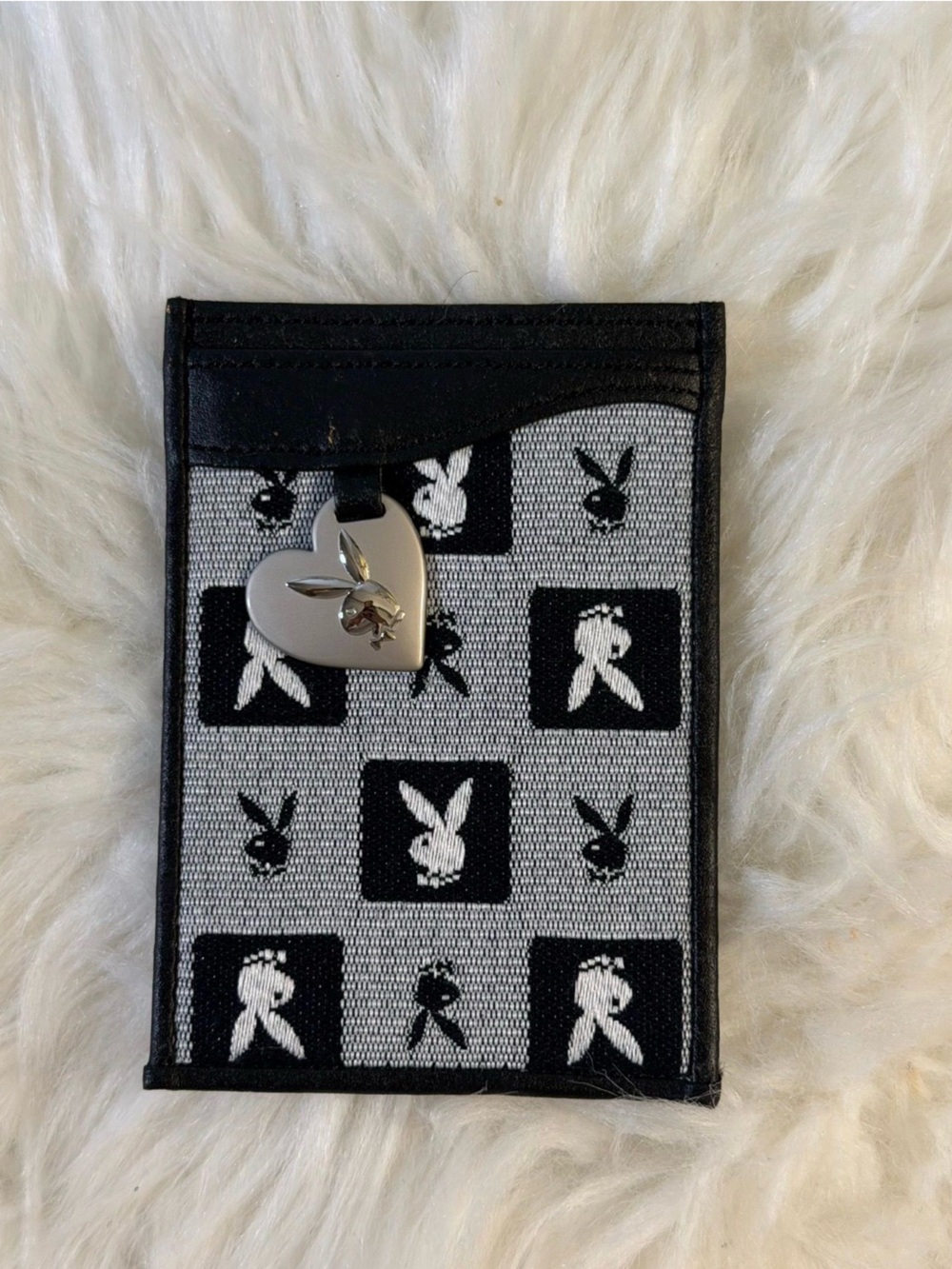 PLAYBOY Black and White Bunny Pattern Card Holder with Heart-Shaped Bunny Charm